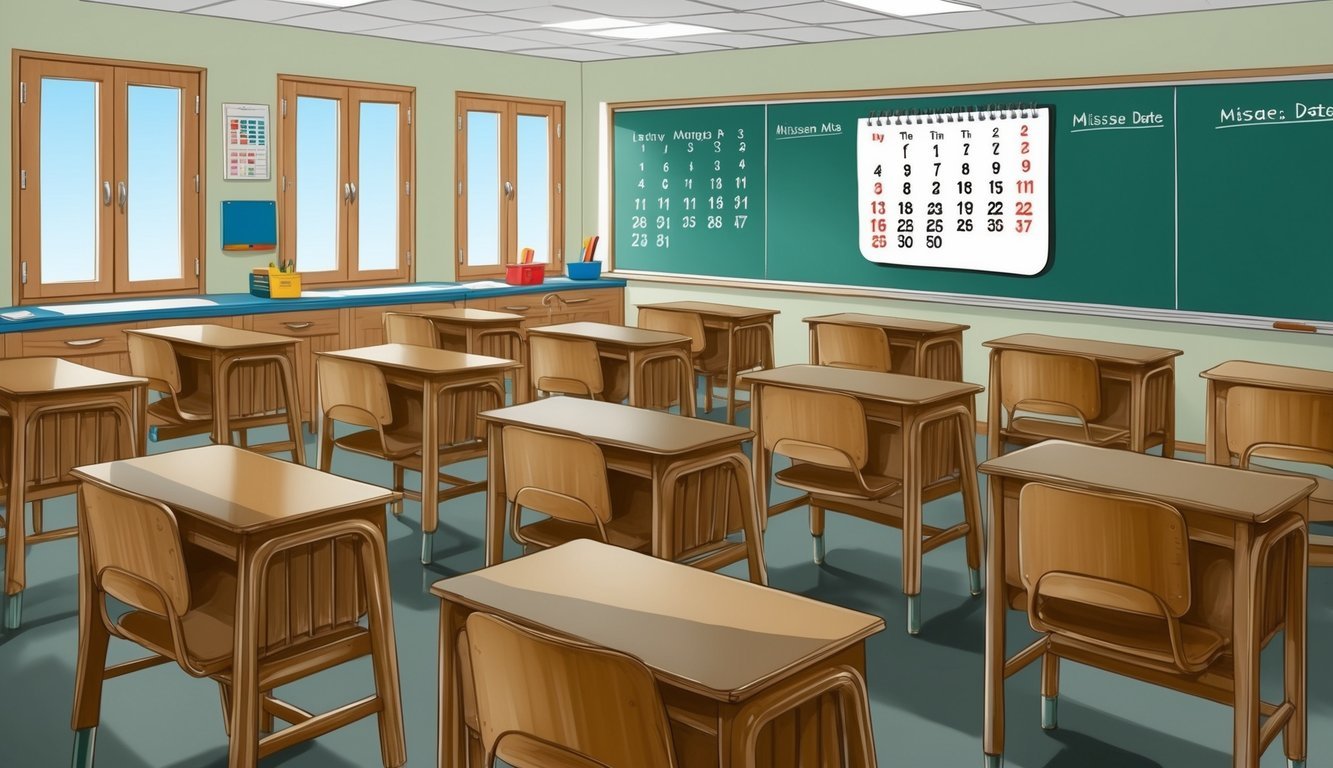 A classroom with empty desks and a calendar marked with missed dates