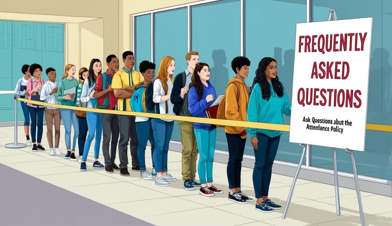 A group of people standing in line, waiting to ask questions about the attendance policy.</p><p>A sign with "Frequently Asked Questions" is displayed prominently