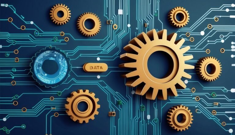 Circuit board with gears, "DATA" button, and digital data processing elements