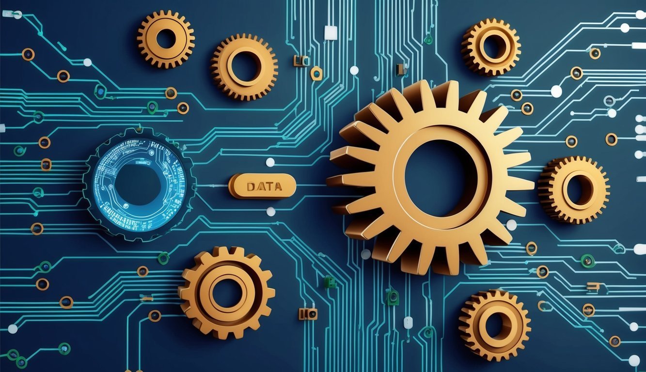 Circuit board with gears, "DATA" button, and digital data processing elements