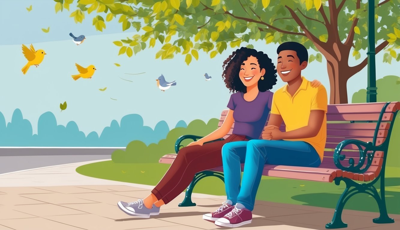 Two friends sitting on a park bench, smiling and enjoying the peaceful quiet.</p><p>Birds chirping and a gentle breeze rustling the leaves