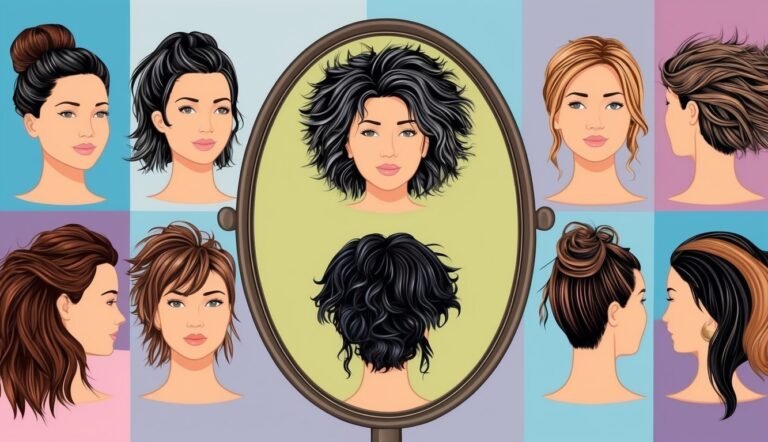 Illustration of a woman with different hairstyles, reflected in a mirror
