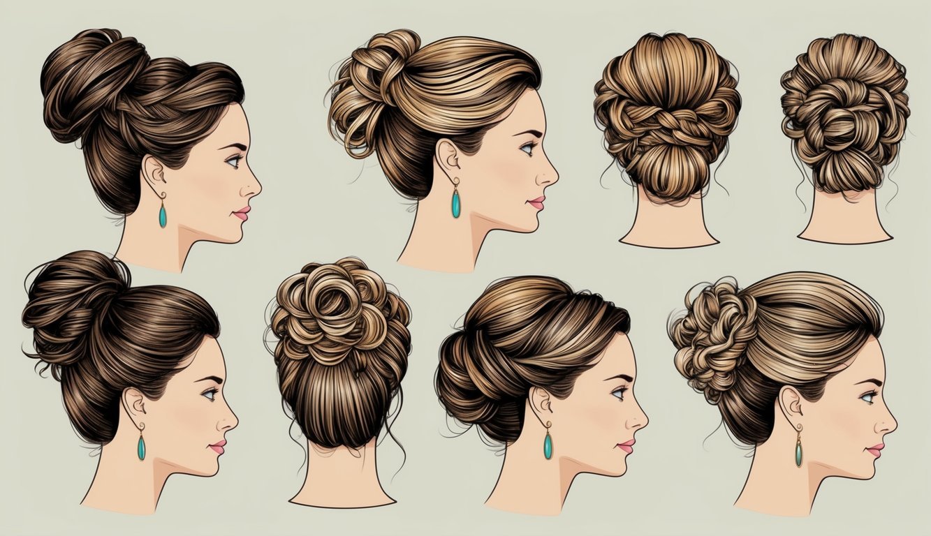 A woman's head with a variety of intricate updo hairstyles, showcasing different styles for a polished look despite a bad hair day