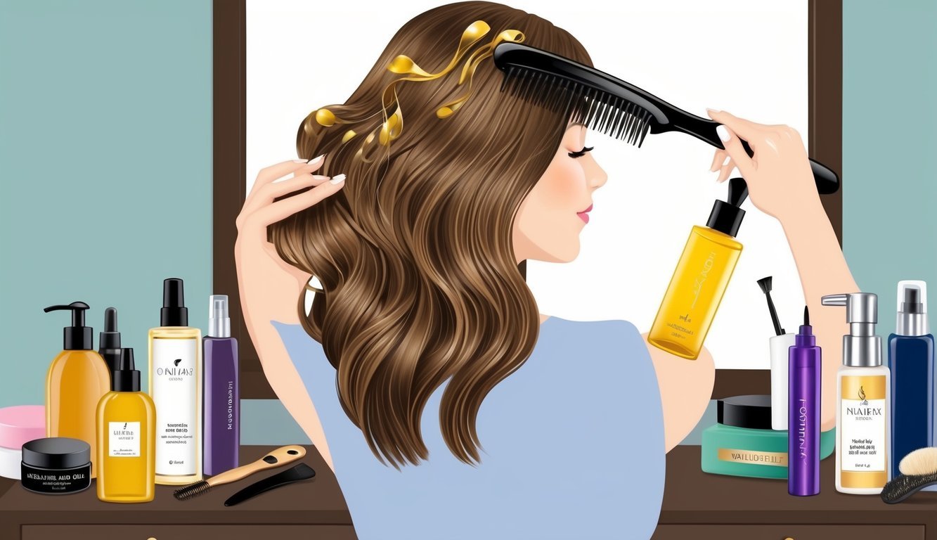 A woman's hair being gently brushed and styled with a nourishing hair oil, surrounded by various hair care products and tools on a vanity table