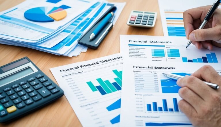 Financial statements, calculator, and hands with pens analyzing data on a desk