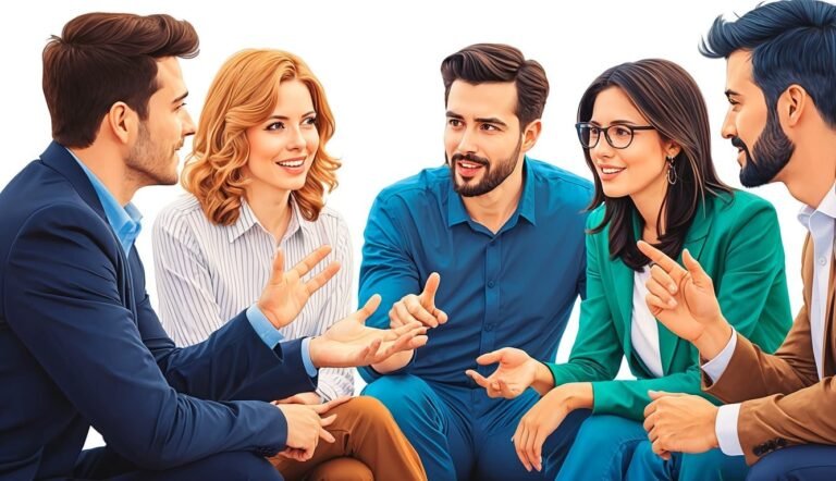 Five diverse people in business attire engaged in a discussion