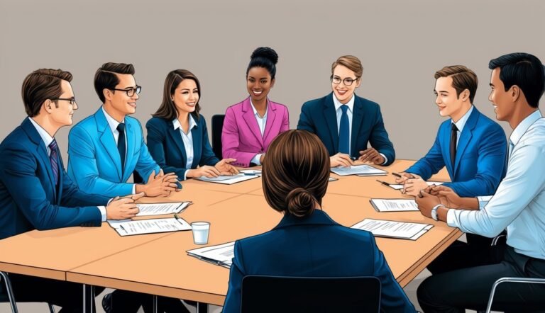 Business team in suits at a conference table, discussing documents