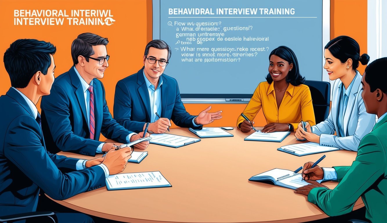 A group of people engaged in a behavioral interview training session, with one person asking questions and others taking notes and participating in the discussion