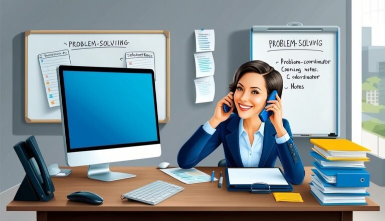 Smiling businesswoman on the phone at her desk with problem-solving notes and computer