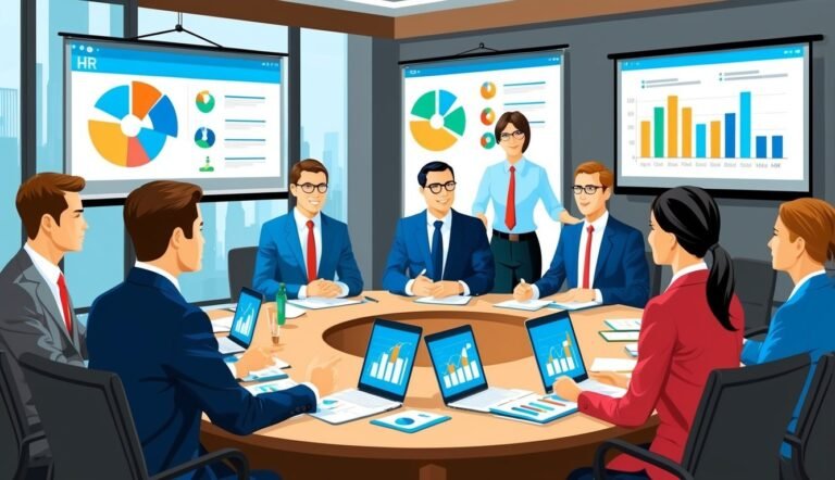 Business meeting with people around a table, looking at charts on screens