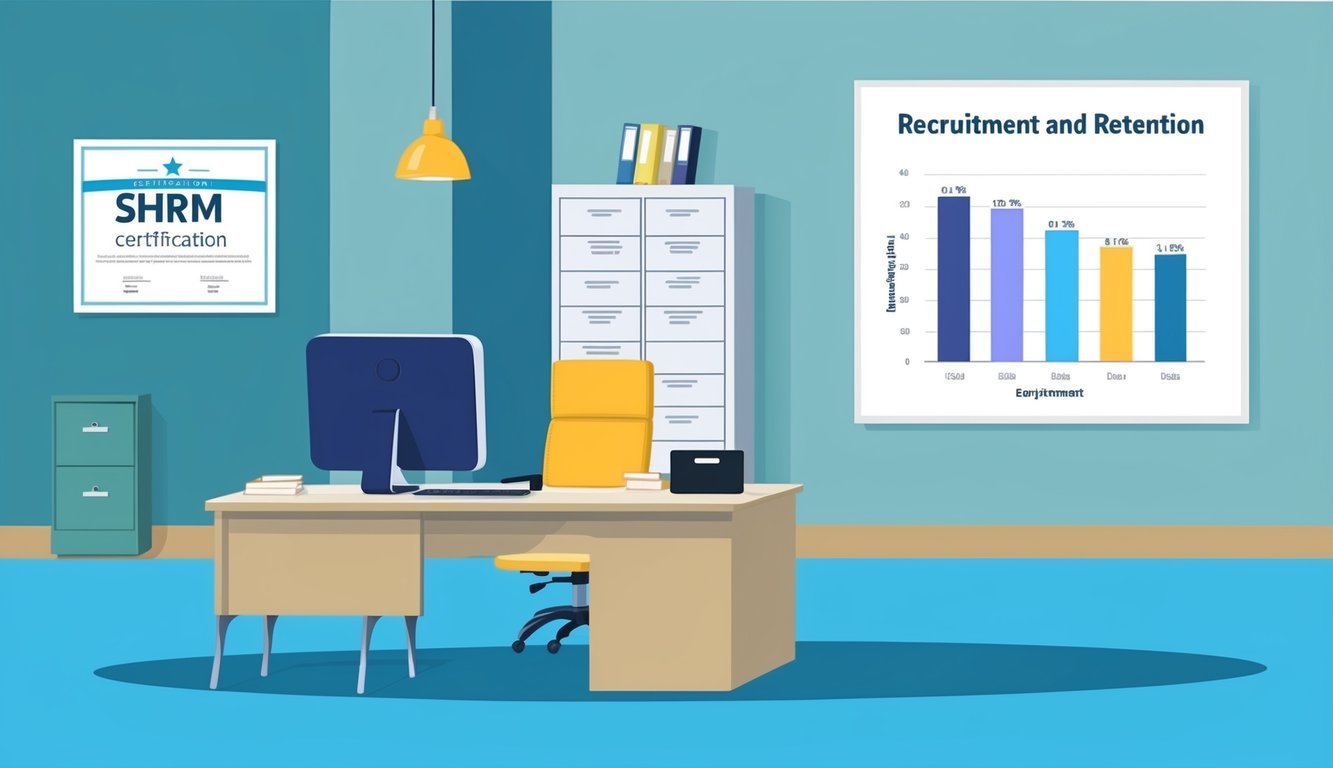 An office with a desk, computer, and filing cabinet.</p><p>A certificate on the wall reads "SHRM Certification." A chart shows recruitment and retention data