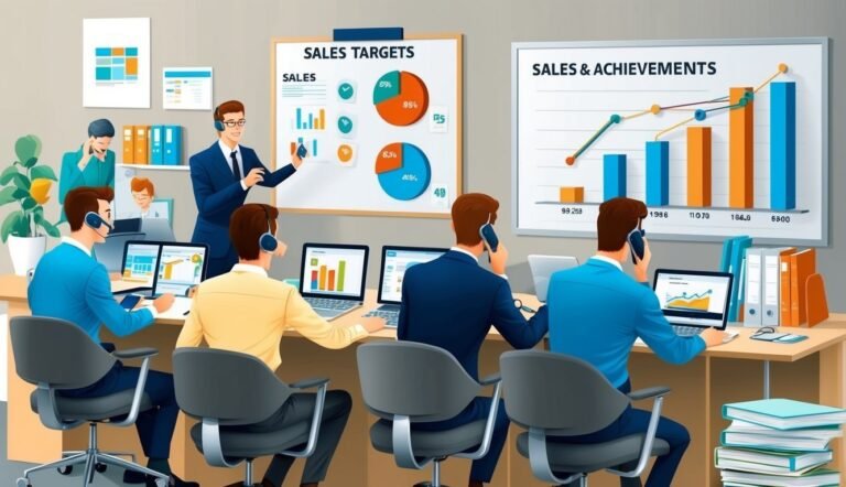 Business team in a meeting, analyzing sales targets and achievements on screens