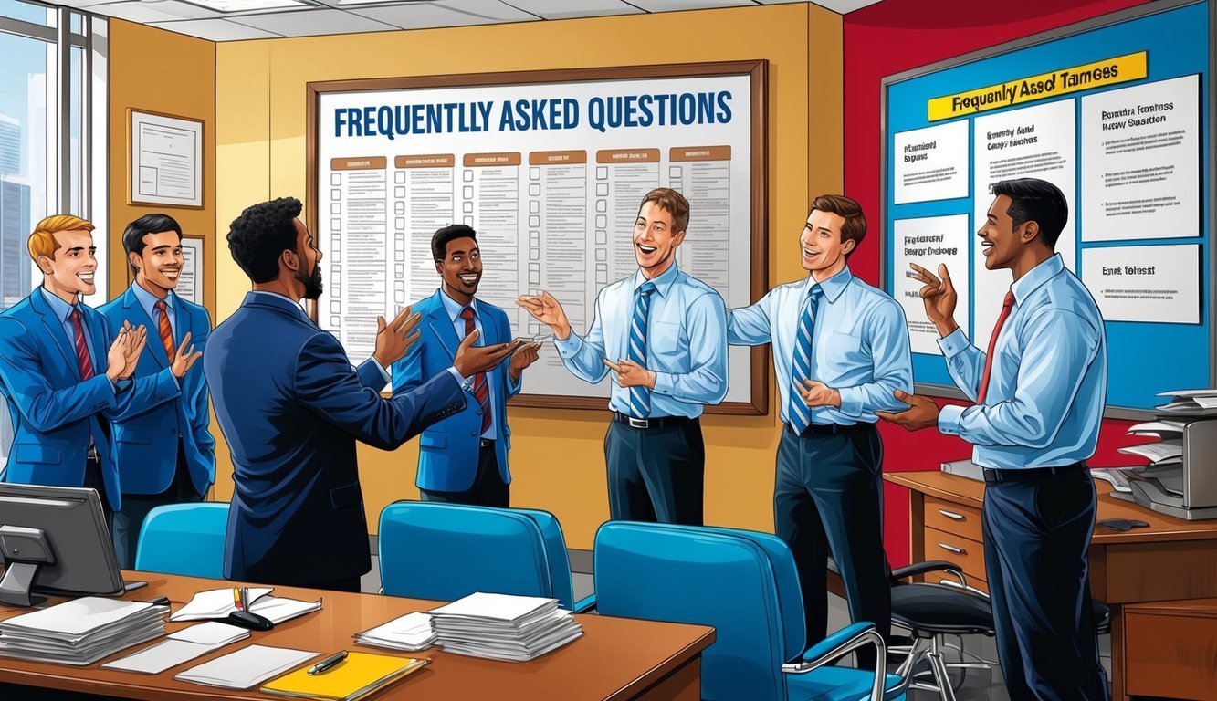 A bustling office with a large "Frequently Asked Questions" board and a group of eager sales trainees receiving instruction from a mentor