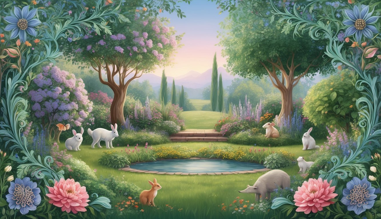 A peaceful garden with intricate floral patterns and whimsical animal designs, surrounded by calming nature scenes