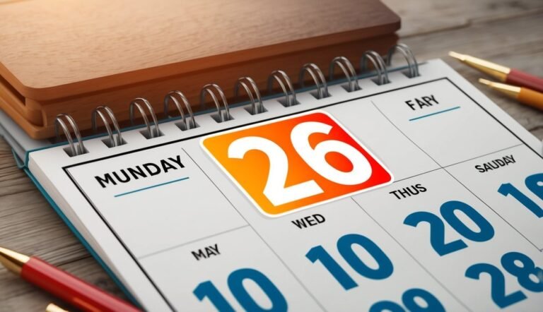 Calendar open to May 26, with pens and a wooden notepad