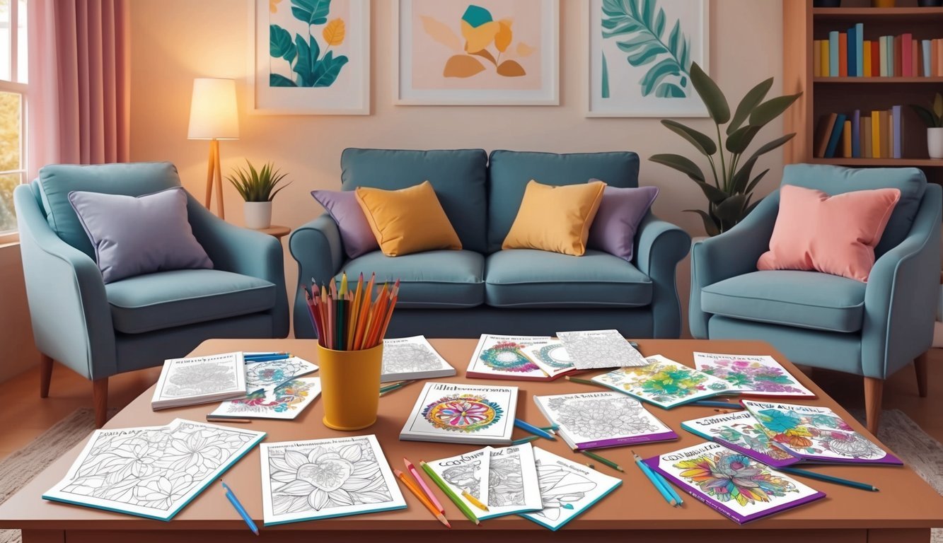 A cozy living room with a table covered in adult coloring books and colored pencils, surrounded by comfortable chairs and soft lighting