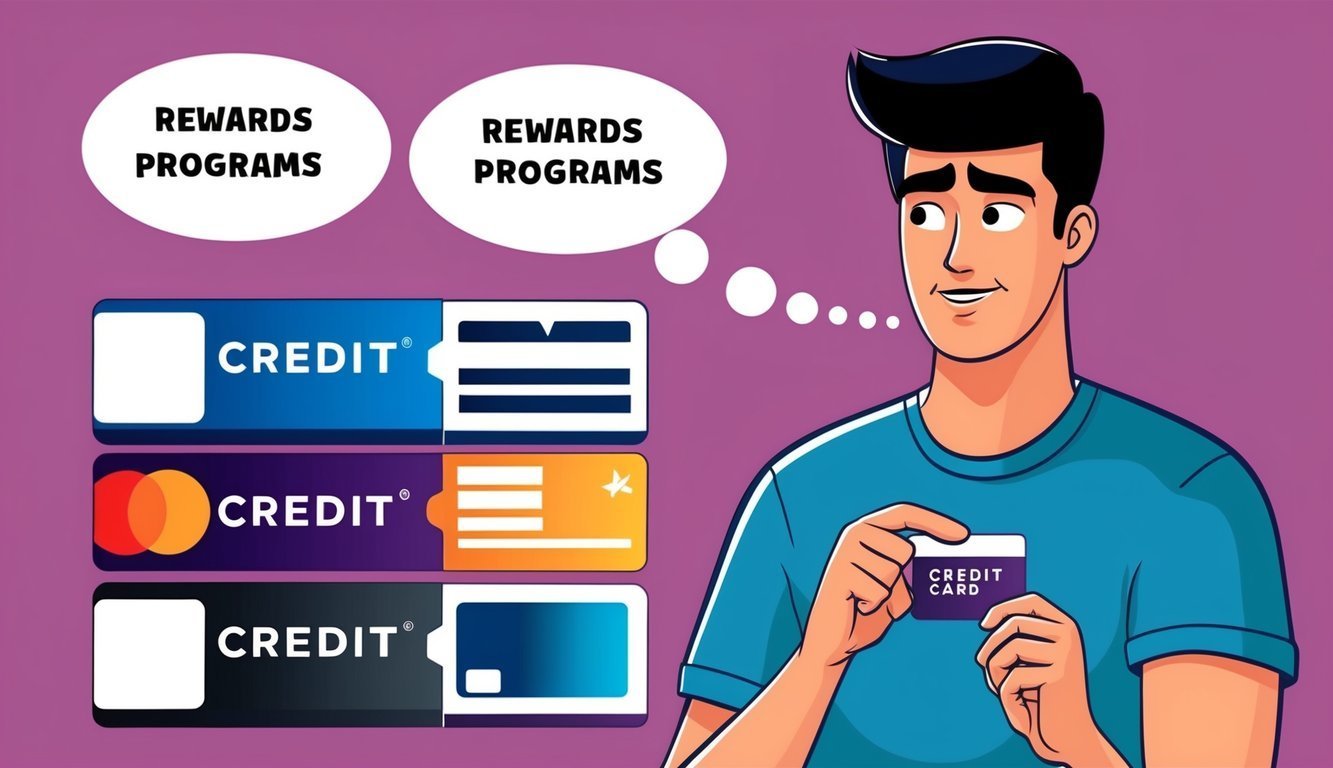 Man considering credit card rewards programs, with credit card options displayed