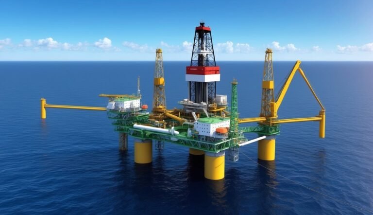 Offshore oil rig platform in the ocean under a blue sky