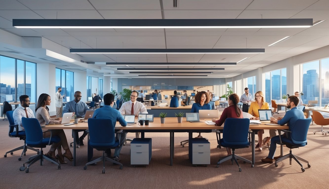 A bustling and modern government office with diverse employees collaborating in open workspaces