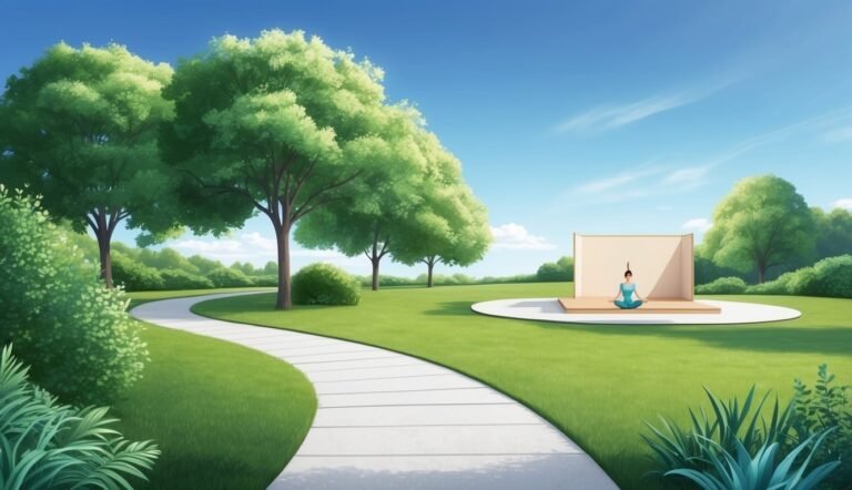 Woman doing yoga on a stage in a park with a winding path