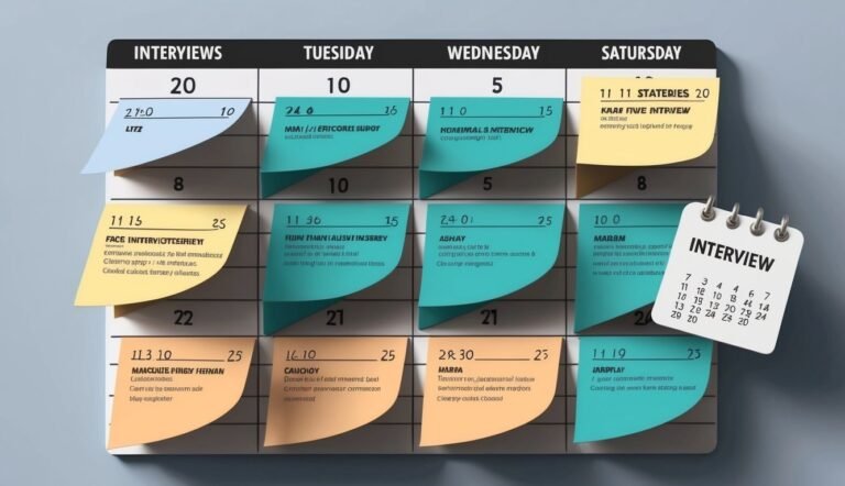Calendar with sticky notes listing interview appointments and a small interview notepad