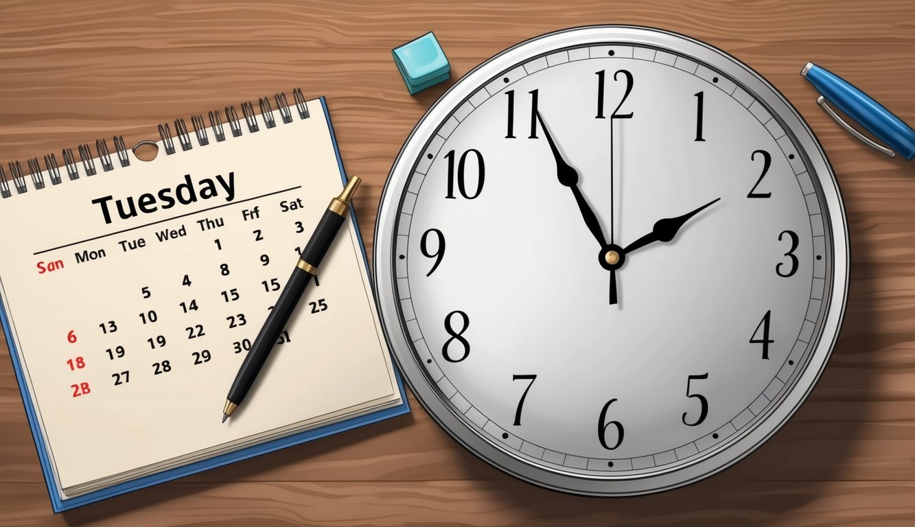 A clock showing different times of the day with a calendar and a pen nearby