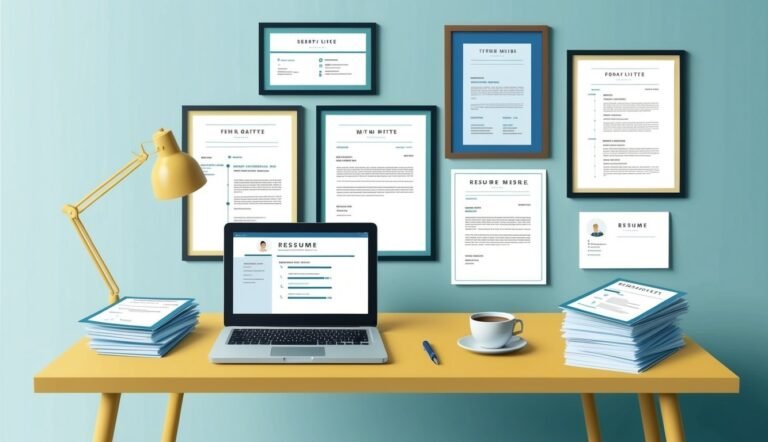 Desk with laptop, resumes, and framed documents, preparing for job search