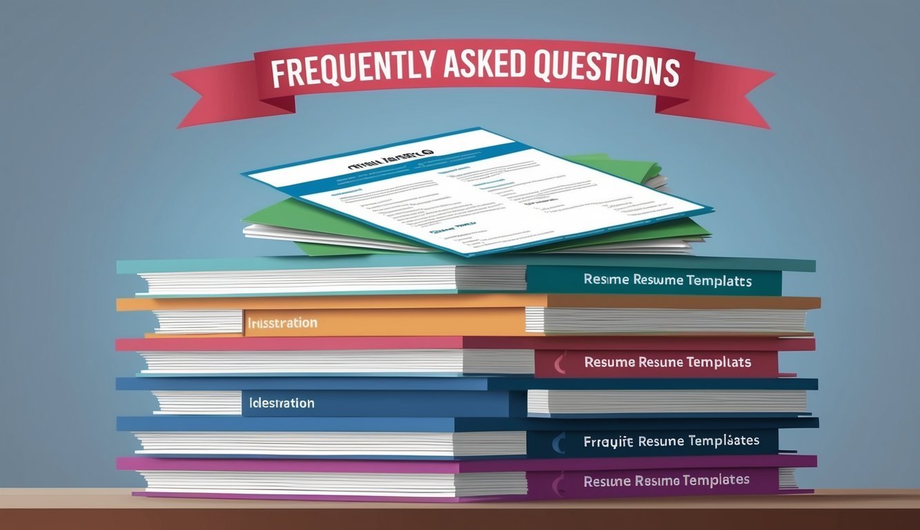 A stack of colorful resume templates with a "Frequently Asked Questions" banner above