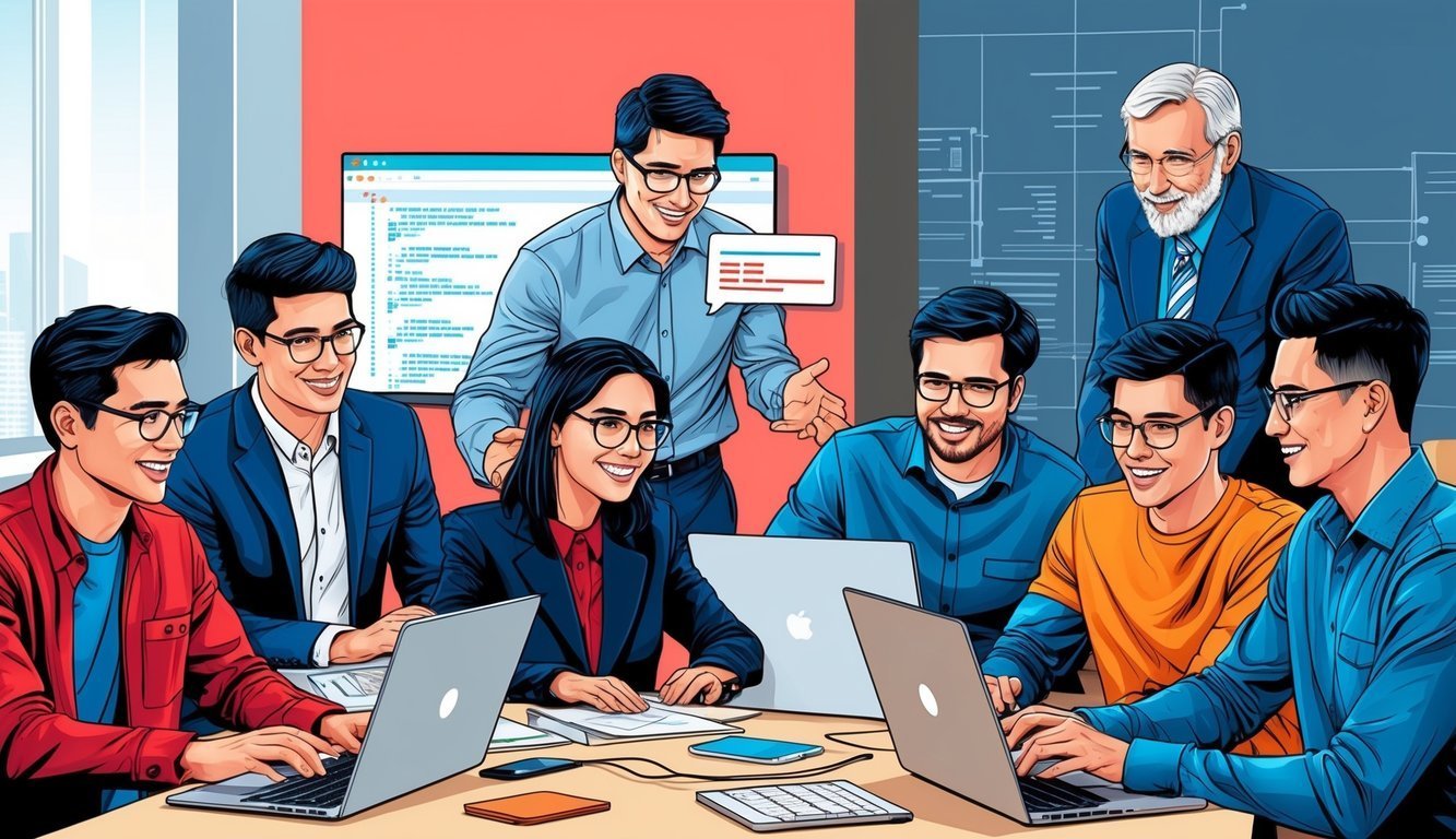 Team of programmers collaborating around a table with laptops and a screen