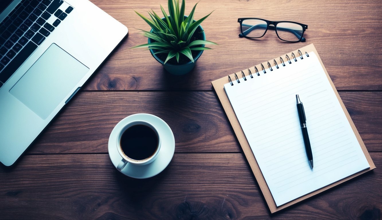 Laptop, coffee, notepad, plant, and glasses on a wooden desk