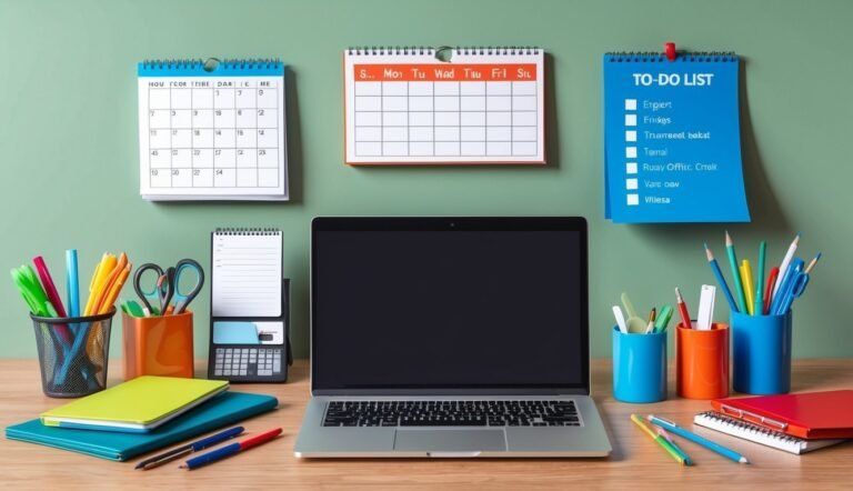Laptop, calendars, and to-do list on a desk with office supplies