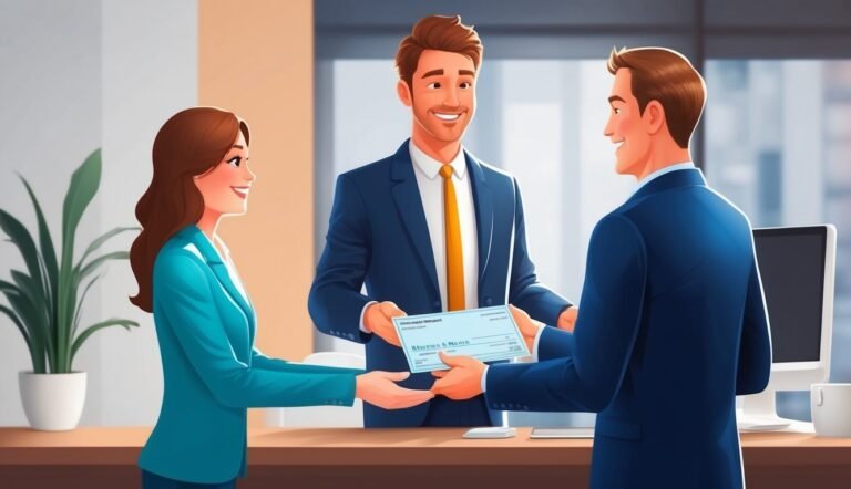 Three business people exchanging a check in an office setting