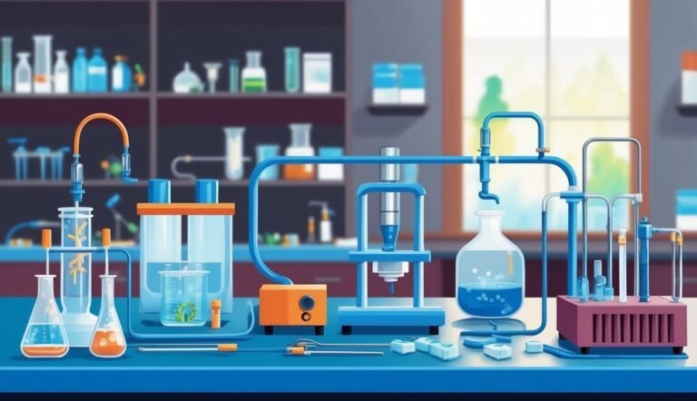 Laboratory equipment with beakers, tubes, and a distillation apparatus on a table