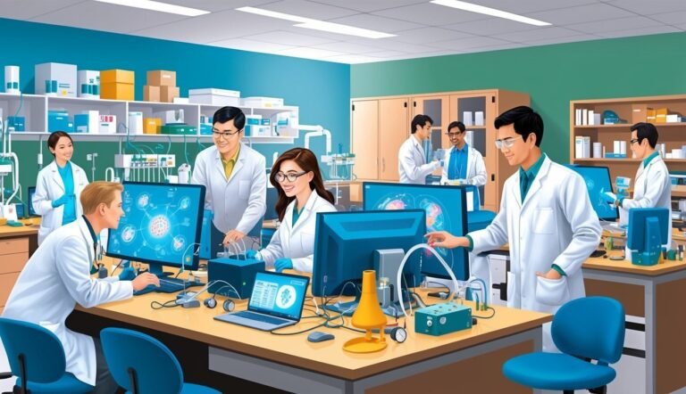 Scientists in lab coats working in a modern laboratory with computers and equipment
