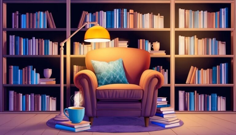 Cozy reading nook with armchair, lamp, bookshelves, and books