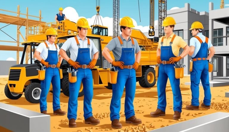 Construction workers in blue overalls and yellow hard hats at a construction site