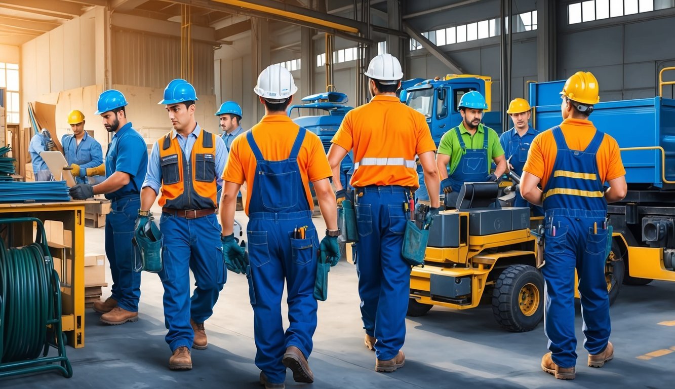 A group of workers in various blue collar jobs, such as construction, manufacturing, and transportation, are depicted working in a bustling industrial setting