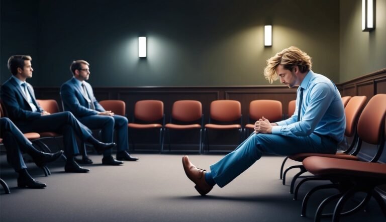 Man in blue suit sits dejectedly in a row of chairs, others watch