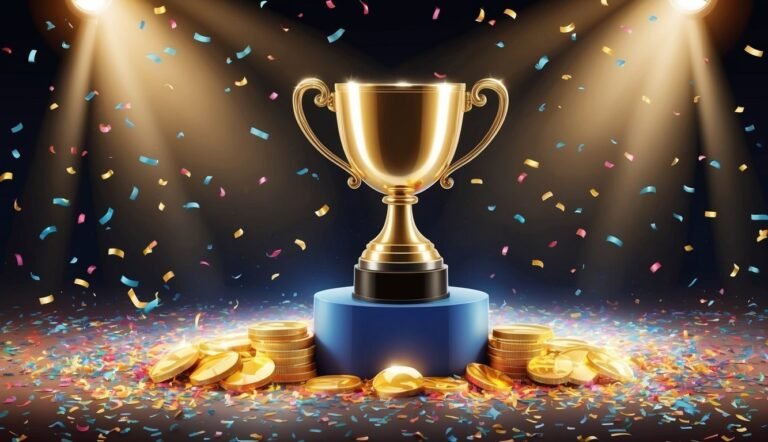 Golden trophy on a blue pedestal surrounded by coins and confetti