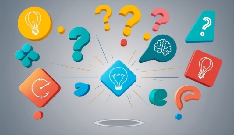 Floating light bulbs, question marks, and brain icons on a gray background