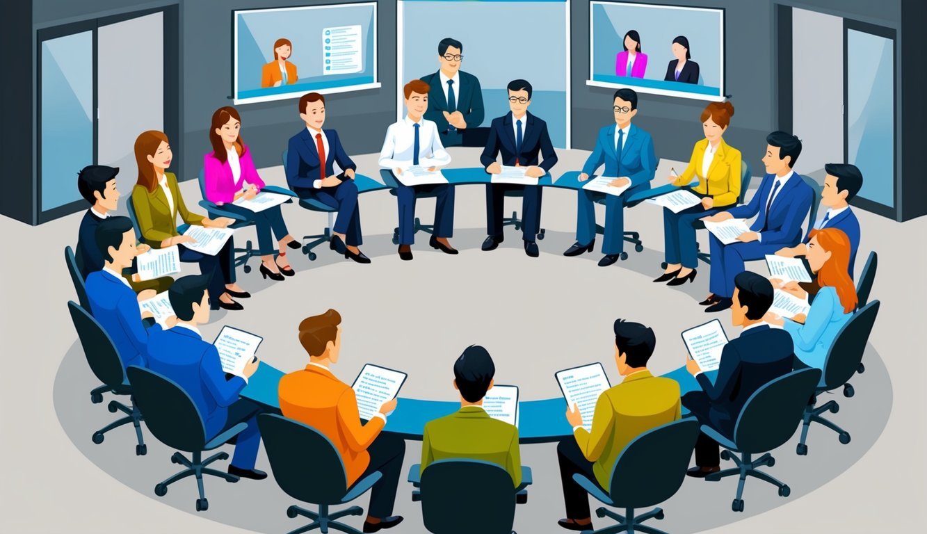 A group of interviewees sitting in a circle, pondering over brain teaser questions while a panel of interviewers observes their reactions