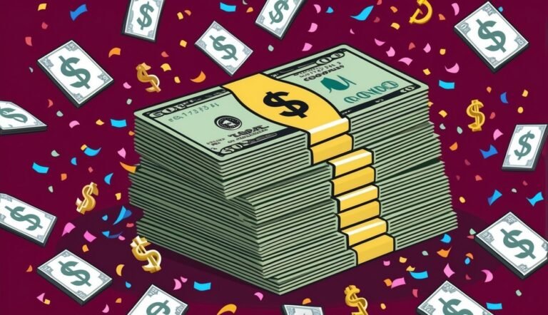 Stack of money with dollar signs and confetti on a red background