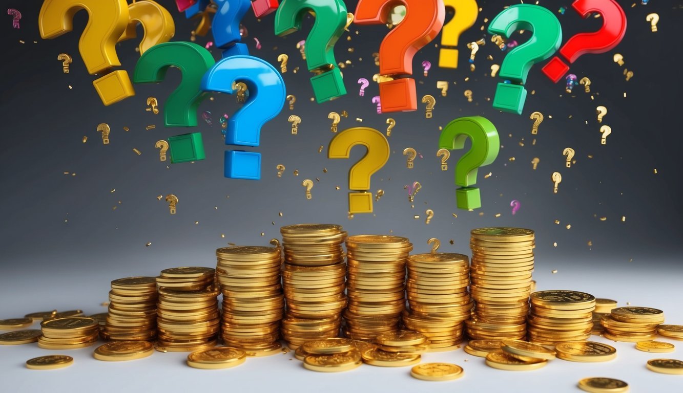 A stack of colorful question mark symbols raining down on a pile of golden bonus coins