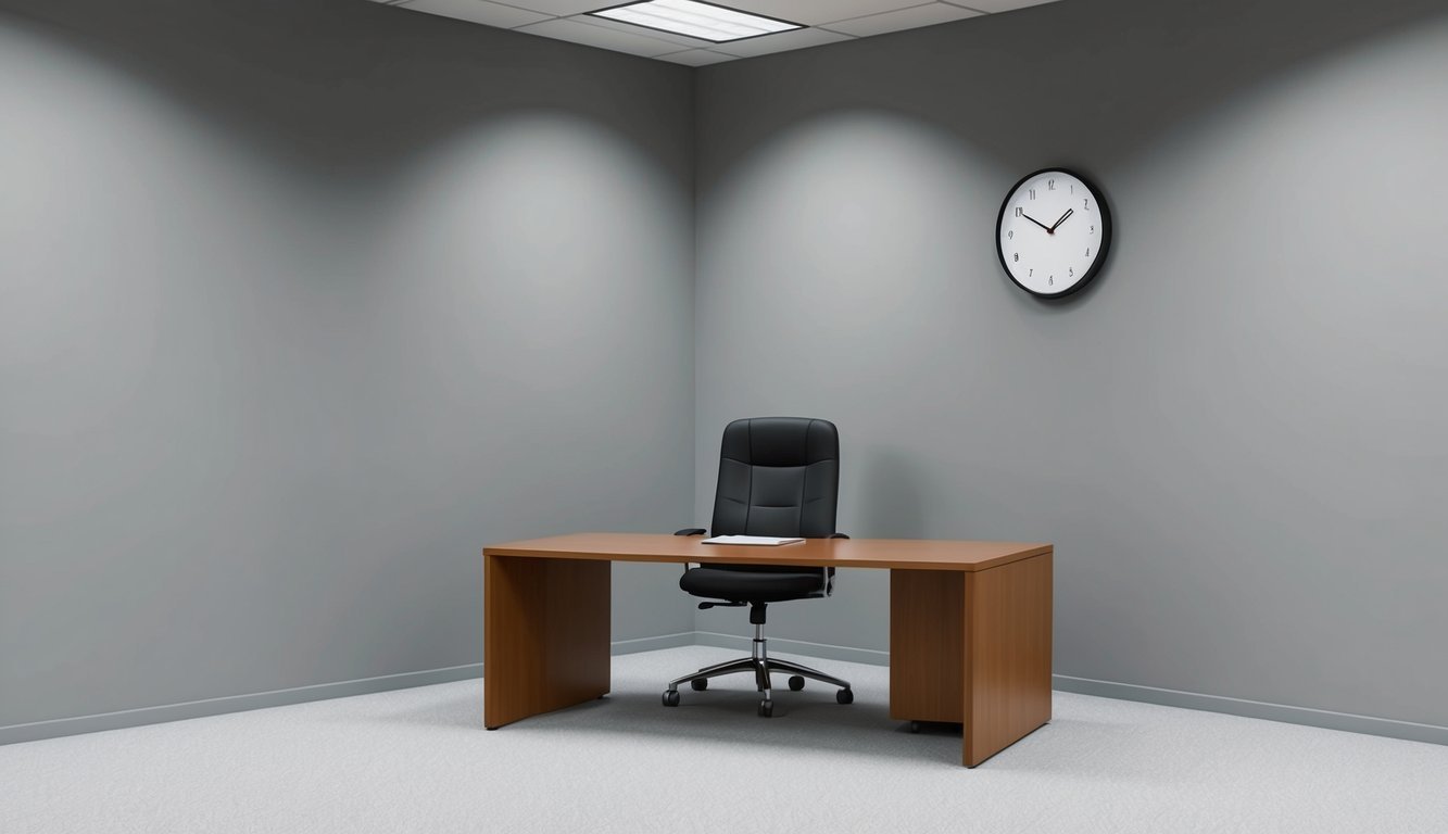 Empty office with desk, chair, clock, and overhead lighting