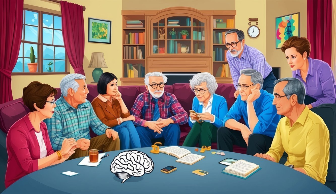 Group of people around a table with a brain model, discussing