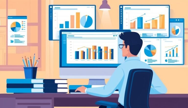 Man analyzing charts on multiple computer screens at a desk