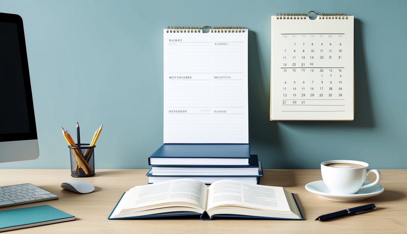 A desk with a computer, open book, and a stack of papers.</p><p>A wall calendar with marked dates.</p><p>A cup of coffee and a pen