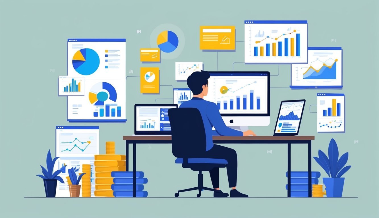 A person at a desk with a computer, surrounded by charts and graphs, pondering business analytics FAQs