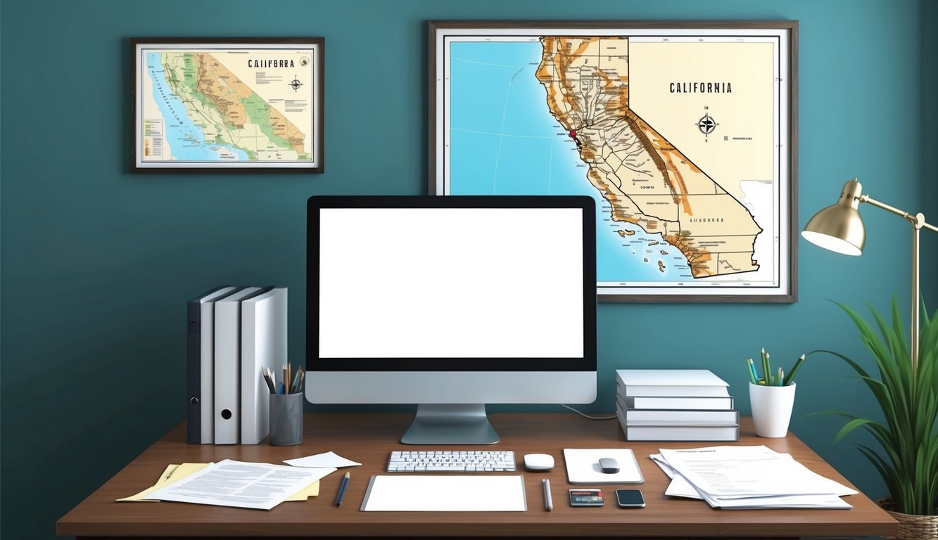 A desk with a computer, paperwork, and a California map on the wall