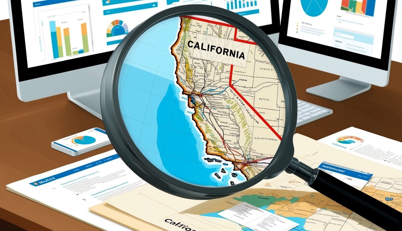 A magnifying glass over a California map with various documents and computer screens in the background